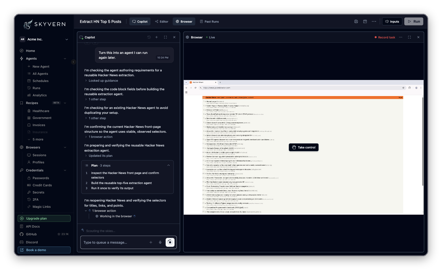 Studio with Copilot showing its plan and working status on the left and the Browser pane on Hacker News on the right