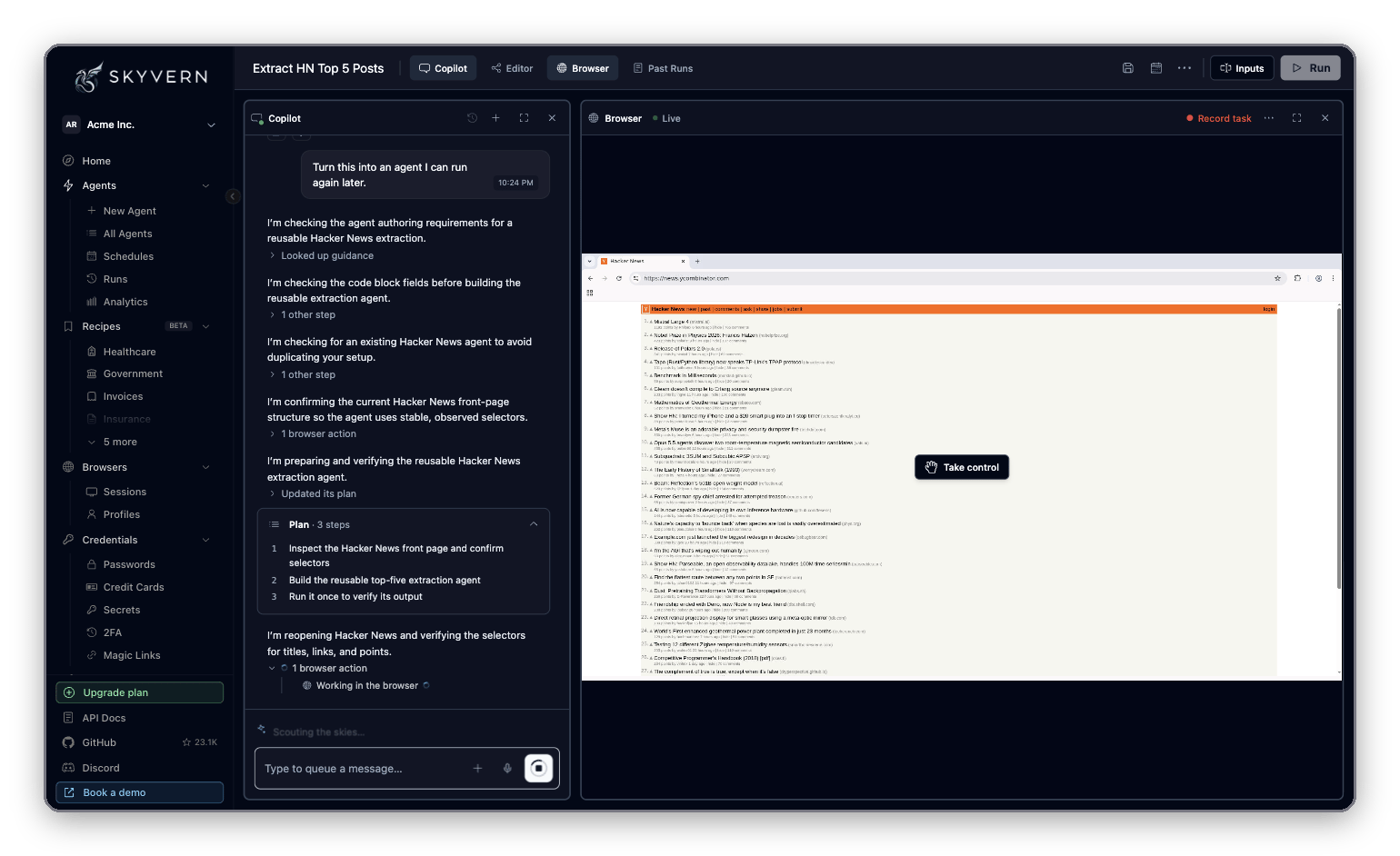 Studio with Copilot showing its plan and working status on the left and the Browser pane on Hacker News on the right