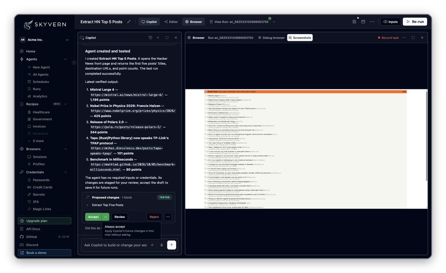 Copilot reply with the extracted posts and a Proposed changes card marked Tested, with Accept, its Always accept option, Review and Reject