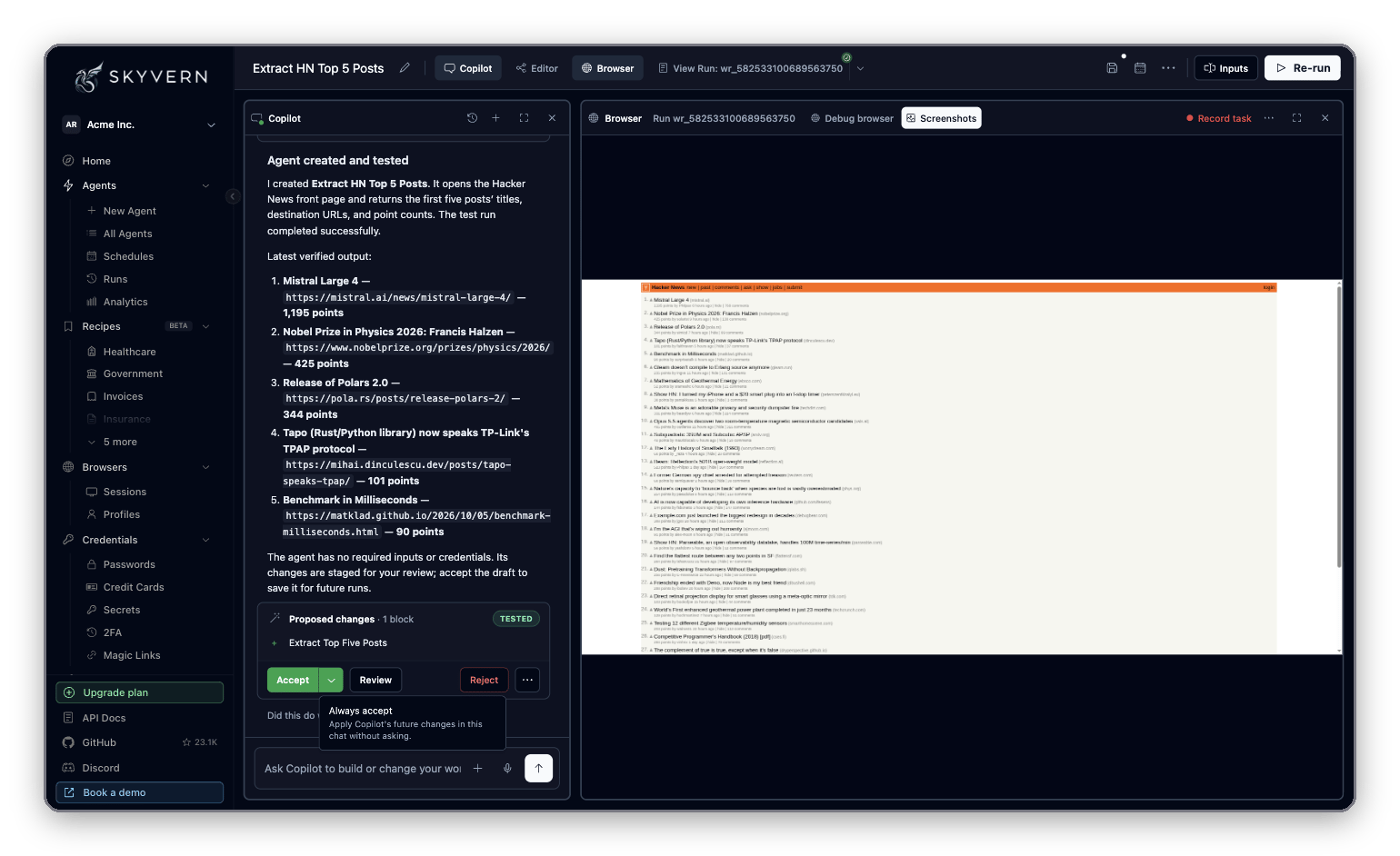 Copilot reply with the extracted posts and a Proposed changes card marked Tested, with Accept, its Always accept option, Review and Reject