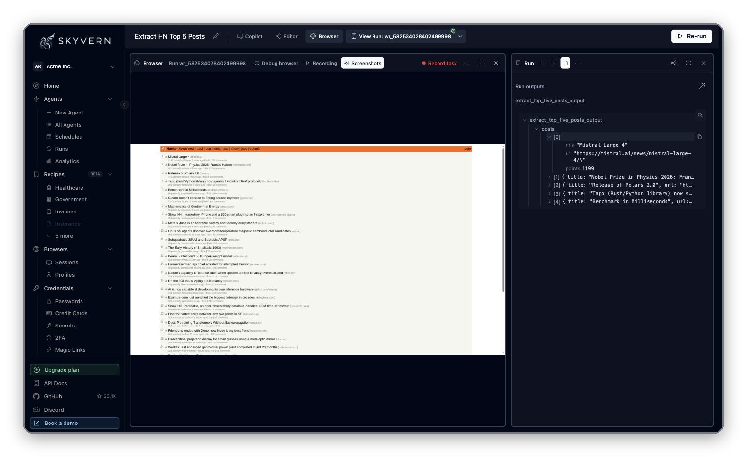 A completed run with the Run pane on Outputs showing the extracted data