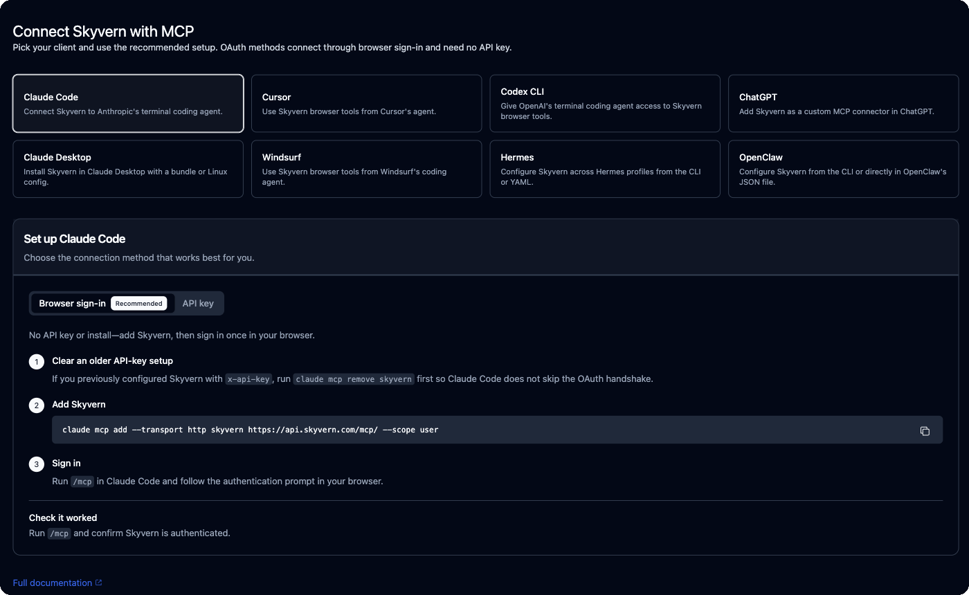 Connect Skyvern with MCP with Claude Code selected and the Browser sign-in steps