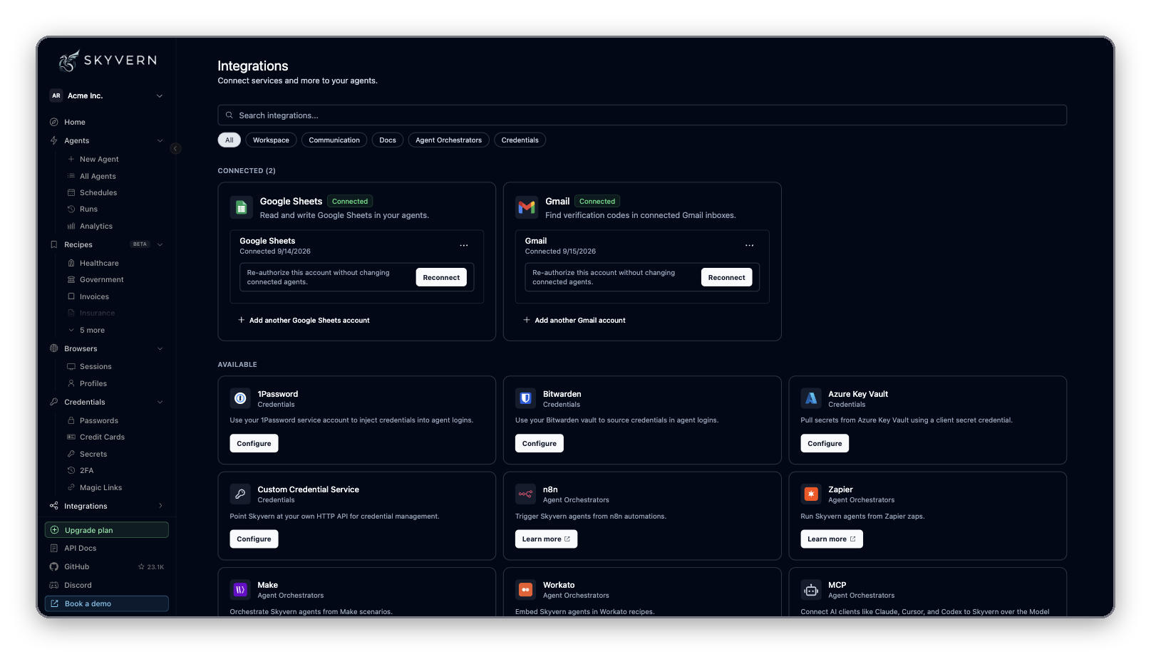 Integrations page with the search box, category filters, connected Google Sheets and Gmail cards, and the Available grid