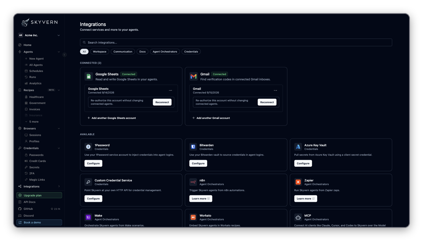 Integrations page with the search box, category filters, connected Google Sheets and Gmail cards, and the Available grid