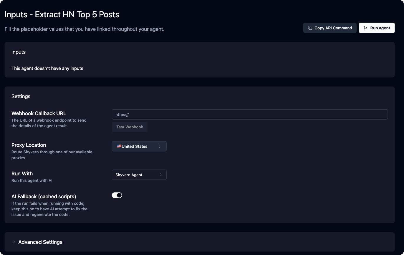 Run form with Inputs, Settings (Webhook Callback URL, Proxy Location, Run With, AI Fallback), Advanced Settings, Copy API Command and Run agent