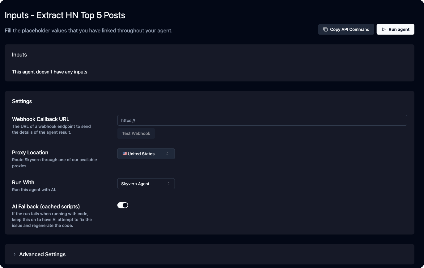 Run form with Inputs, Settings (Webhook Callback URL, Proxy Location, Run With, AI Fallback), Advanced Settings, Copy API Command and Run agent