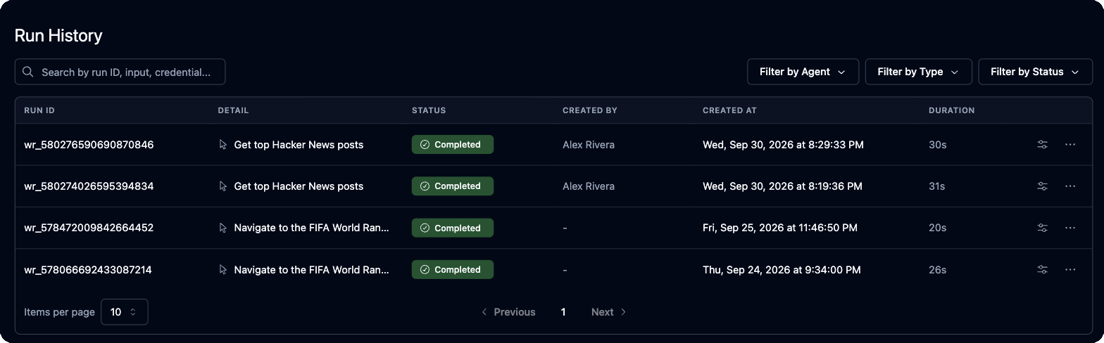 Run History with the search box, Filter by Agent, Filter by Type and Filter by Status, and the runs table