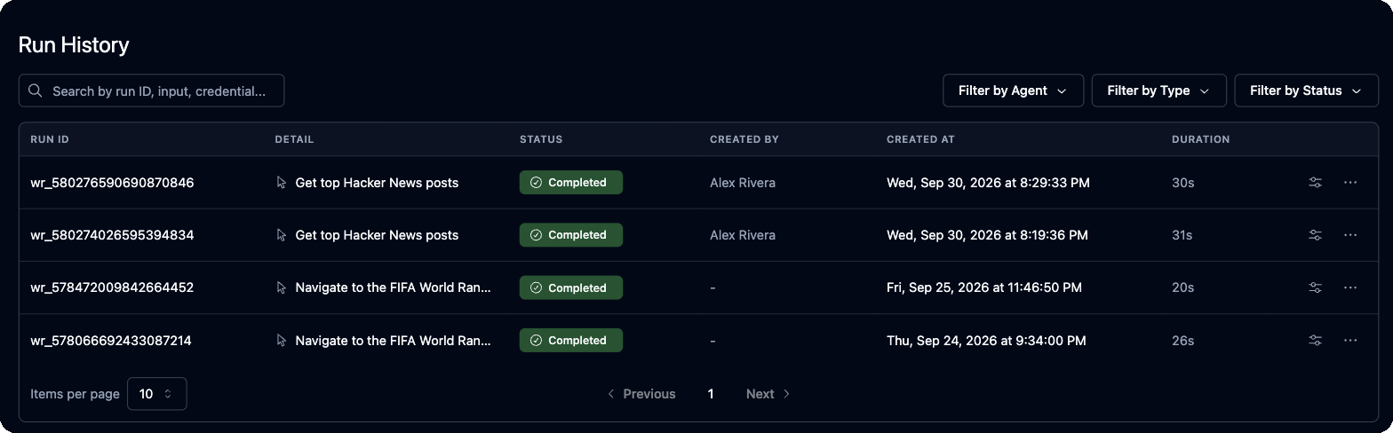Run History with the search box, Filter by Agent, Filter by Type and Filter by Status, and the runs table