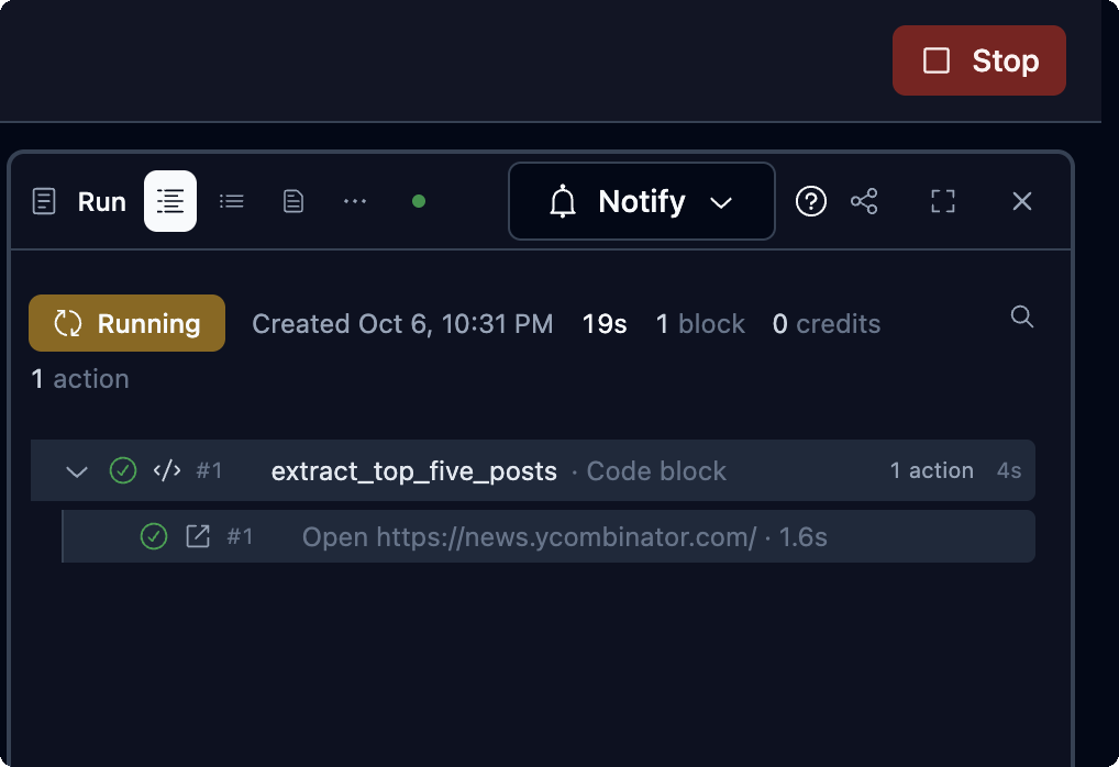 Run pane on Timeline while the run is Running, with the Stop button in the top bar