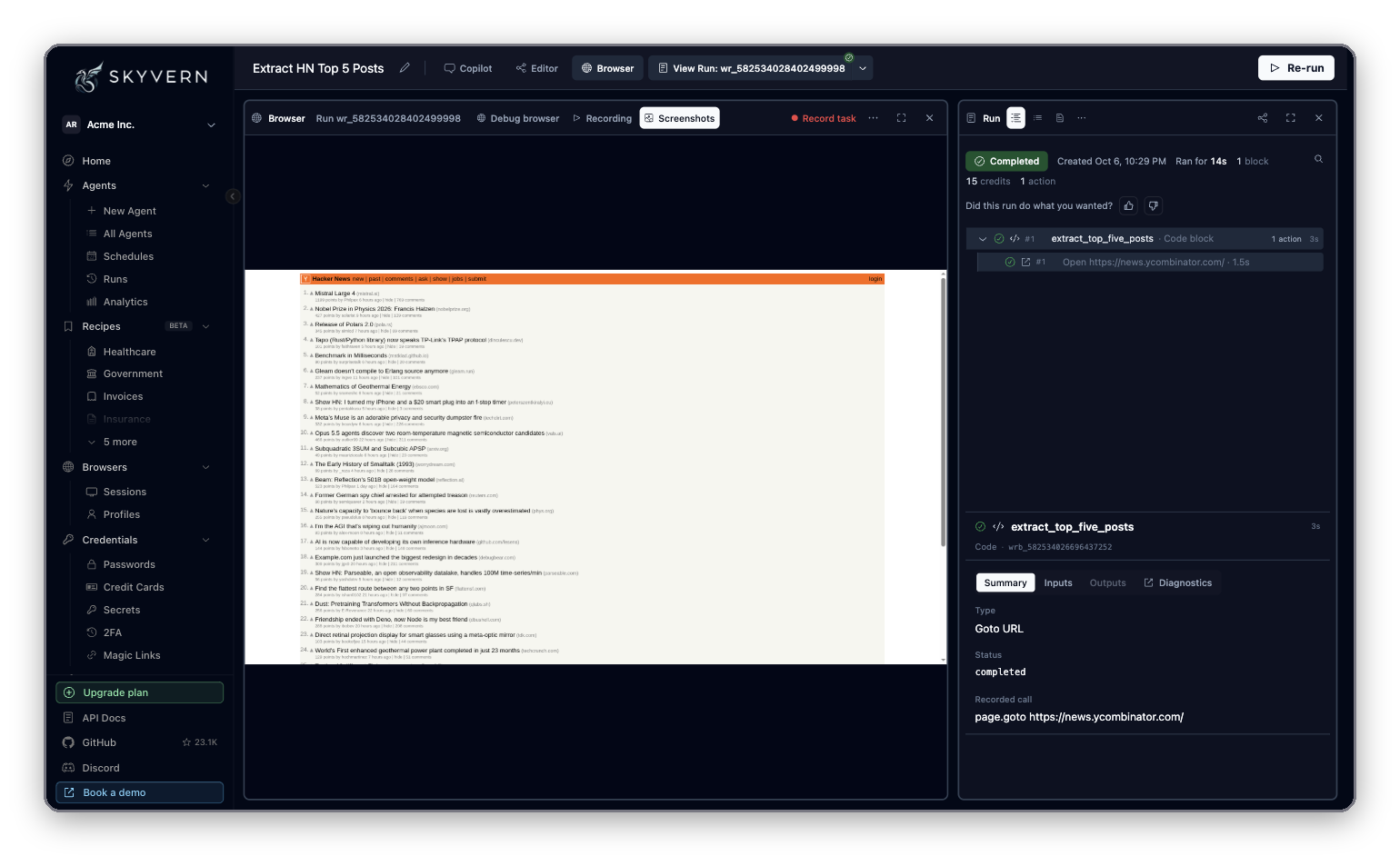 A completed run with the Browser pane on Screenshots and the Run pane Timeline showing the block and its action