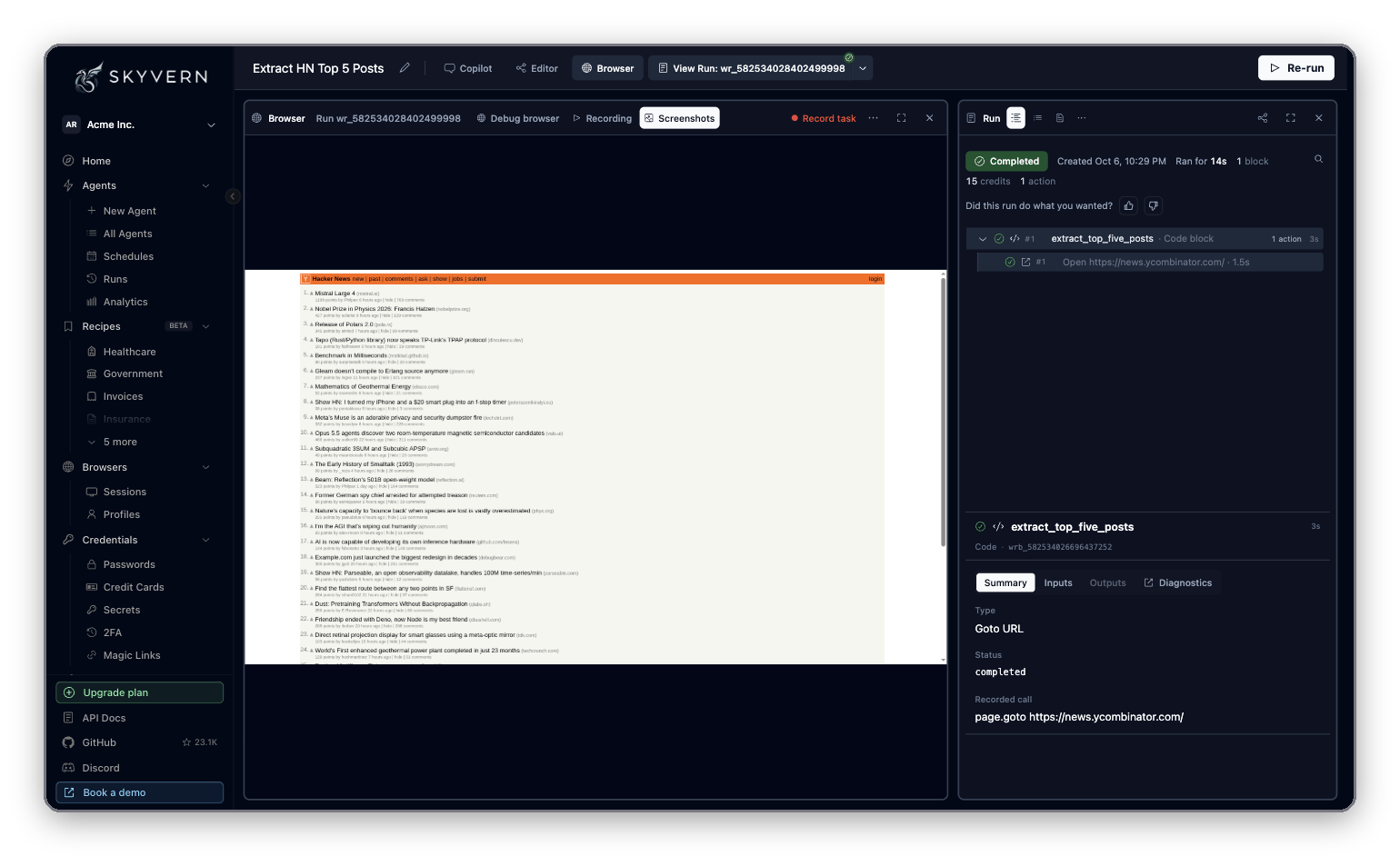 A completed run with the Browser pane on Screenshots and the Run pane Timeline showing the block and its action