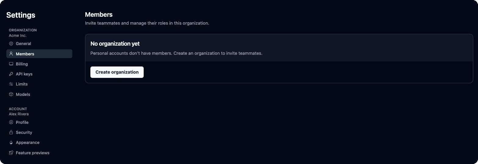 Settings, Members page showing No organization yet and the Create organization button