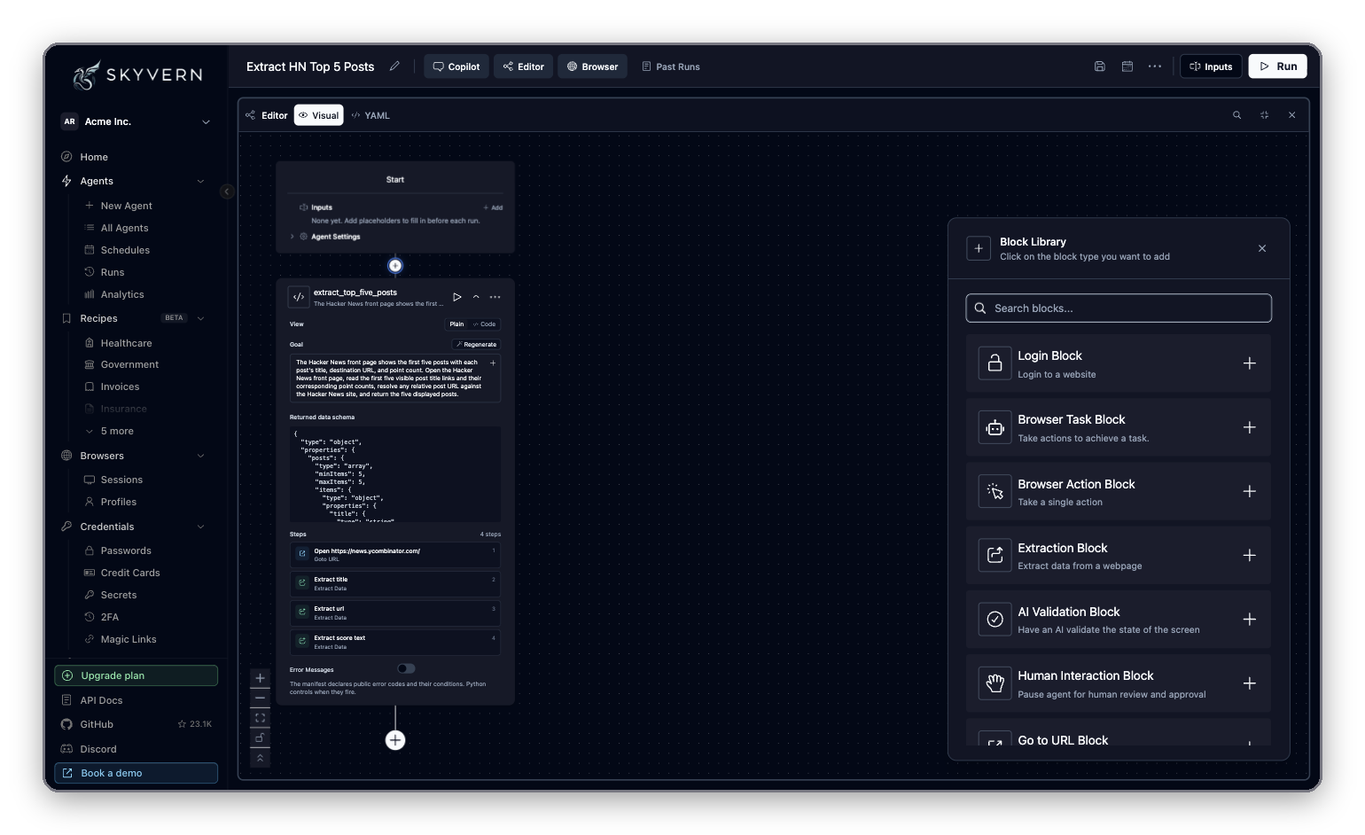 Editor with the Block Library open, showing its search box and block types