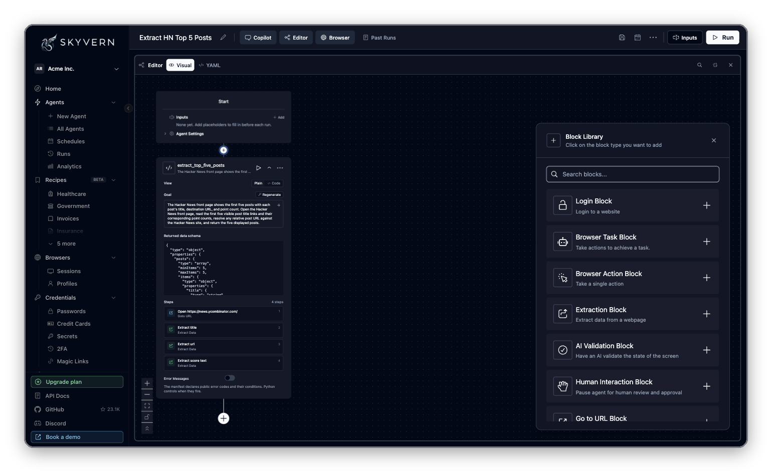 Editor with the Block Library open, showing its search box and block types