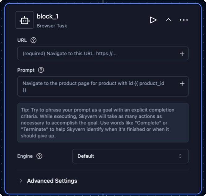 A Browser Task block with URL, Prompt, the Engine selector and Advanced Settings