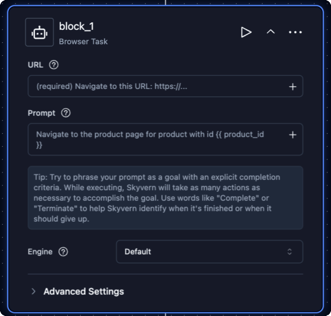 A Browser Task block with URL, Prompt, the Engine selector and Advanced Settings