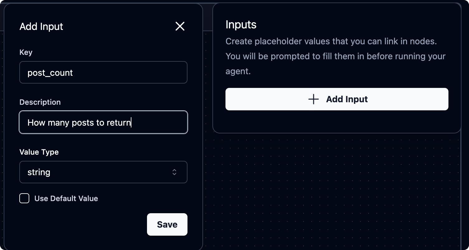 The Inputs panel with the Add Input form showing Key, Description, Value Type and Use Default Value