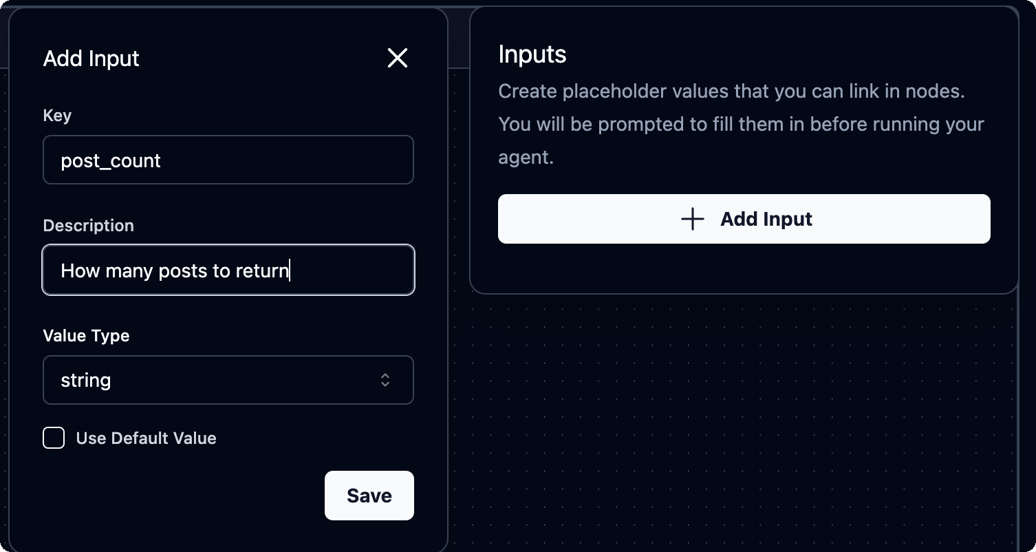 The Inputs panel with the Add Input form showing Key, Description, Value Type and Use Default Value