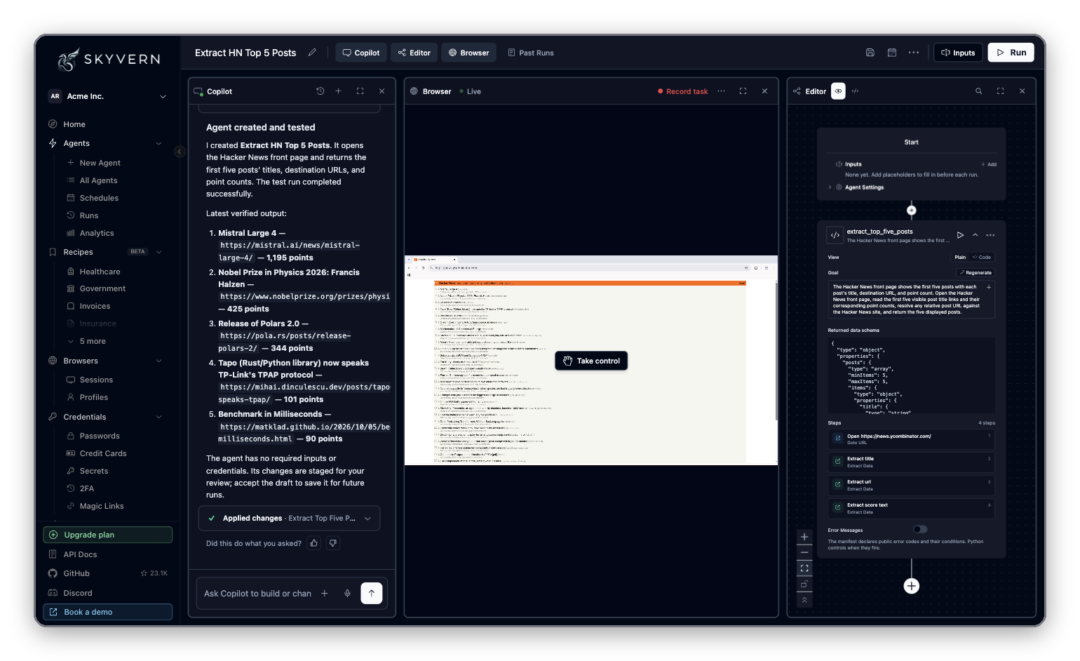 Studio with the Copilot, Browser and Editor panes side by side, the pane toggles in the top bar, and Inputs and Run on the right