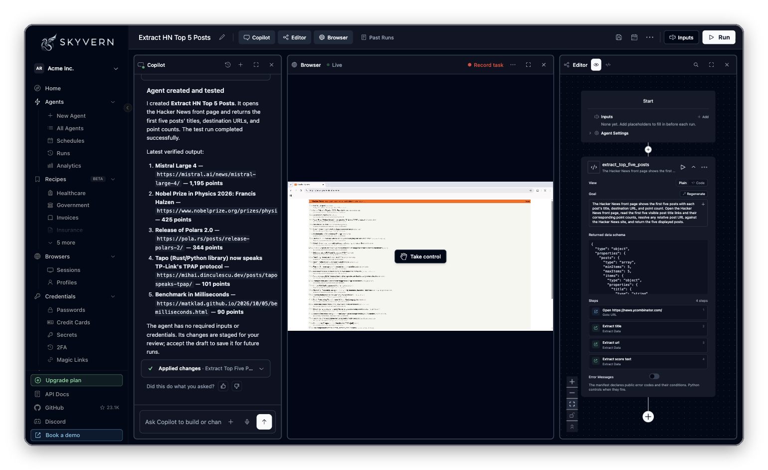 Studio with the Copilot, Browser and Editor panes side by side, the pane toggles in the top bar, and Inputs and Run on the right