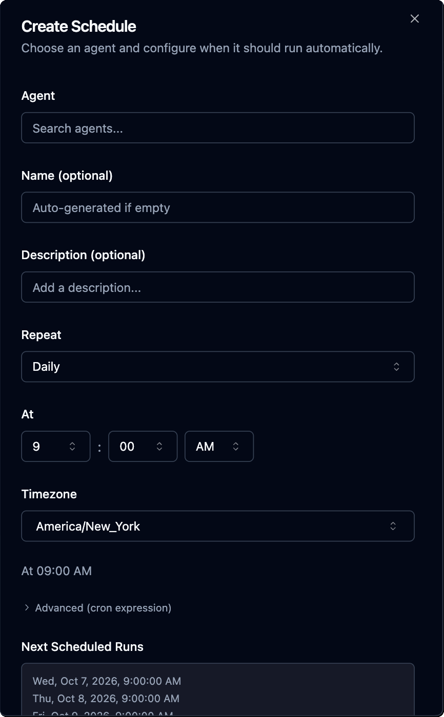 Create Schedule form with Agent, Name, Description, Repeat, At, Timezone, Advanced (cron expression), and Next Scheduled Runs