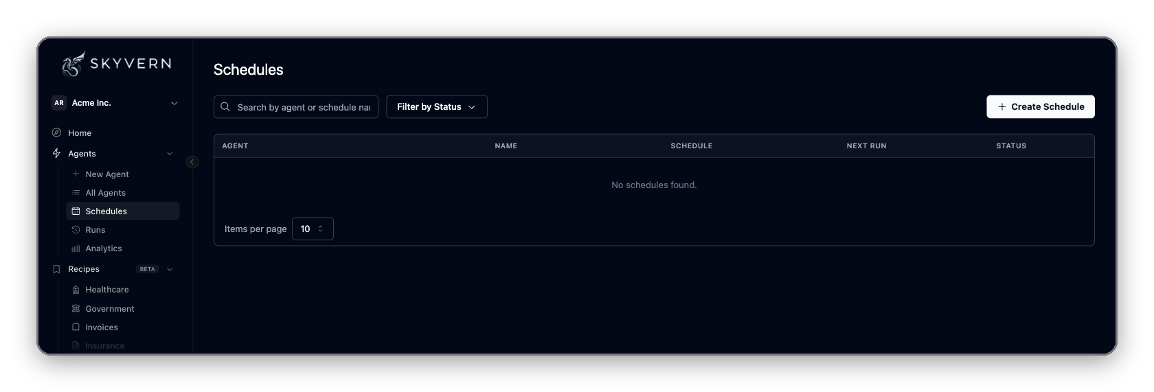 Schedules page with the search bar, Filter by Status, and the Create Schedule button in the top right corner