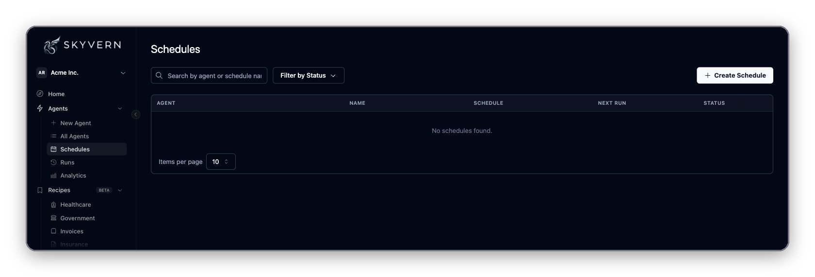 Schedules page with the search bar, Filter by Status, and the Create Schedule button in the top right corner
