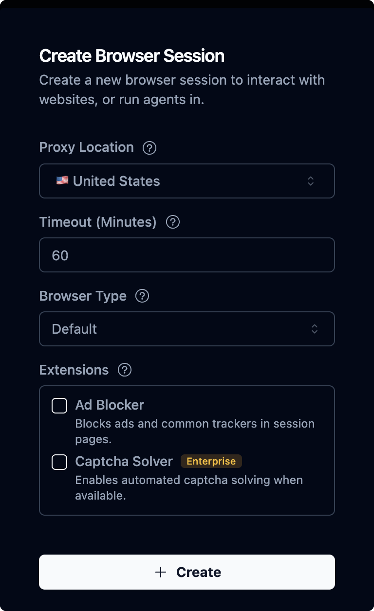 Create Browser Session drawer with Proxy Location, Timeout, Browser Type and Extensions