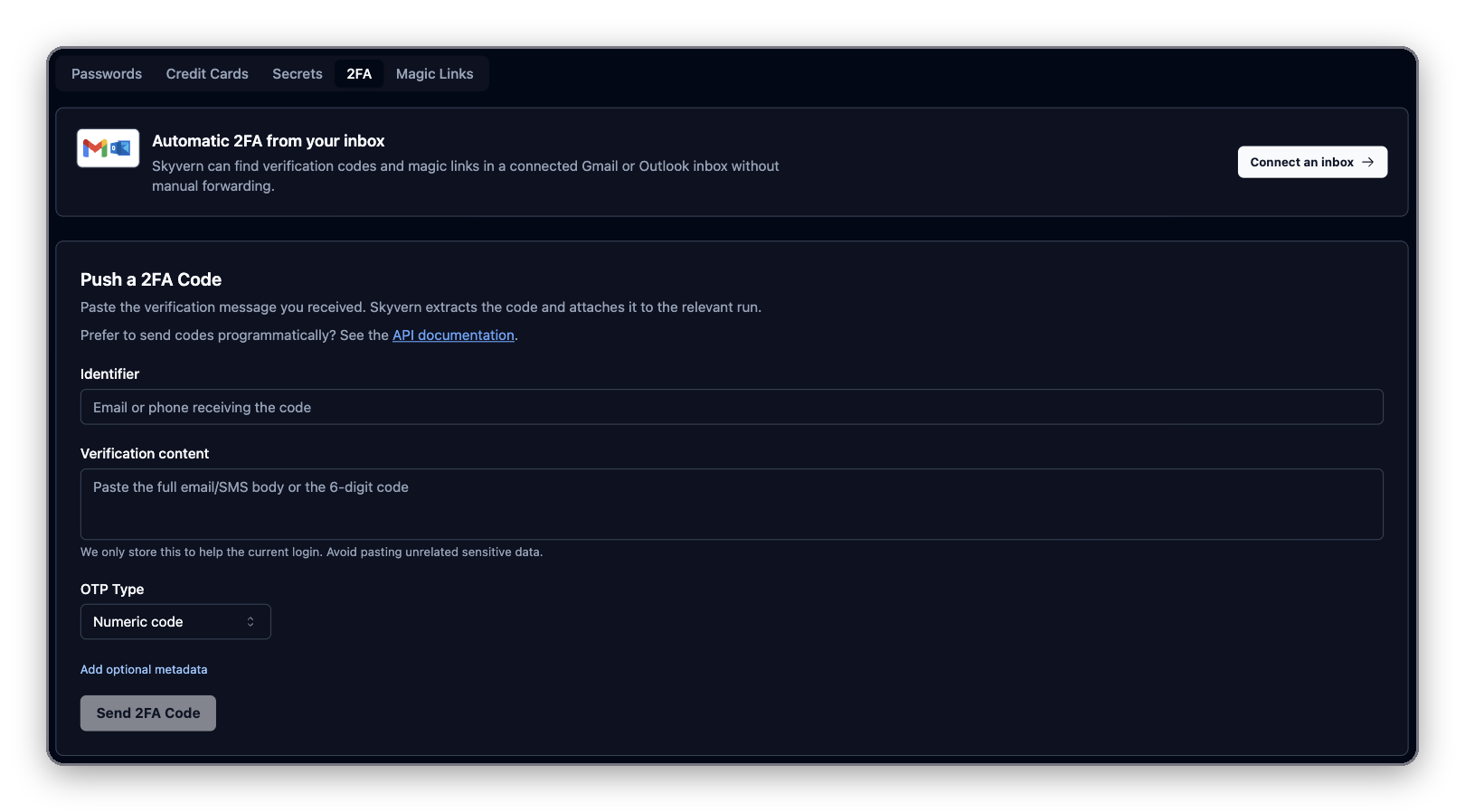 2FA tab with the Automatic 2FA from your inbox card and the Push a 2FA Code form