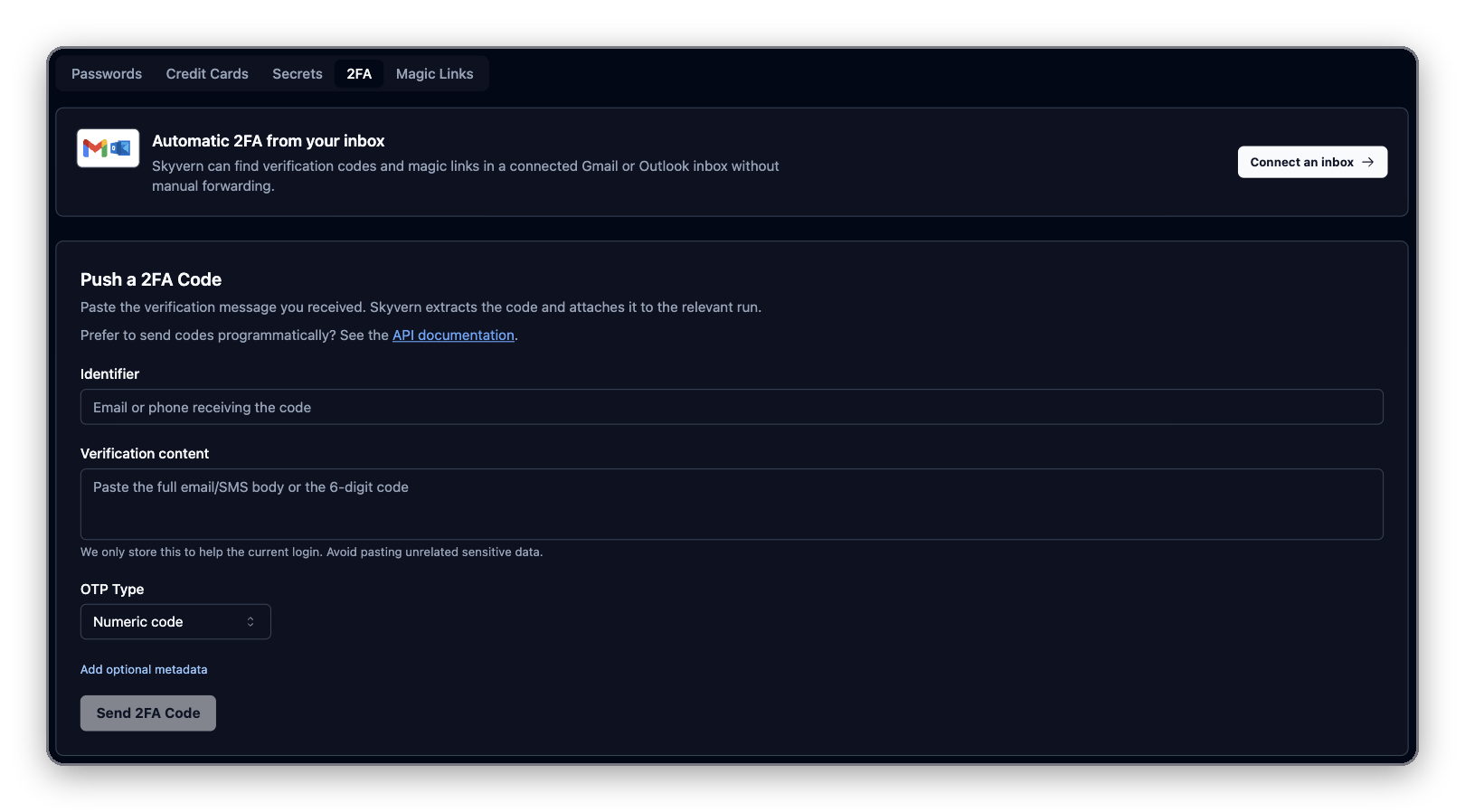 2FA tab with the Automatic 2FA from your inbox card and the Push a 2FA Code form