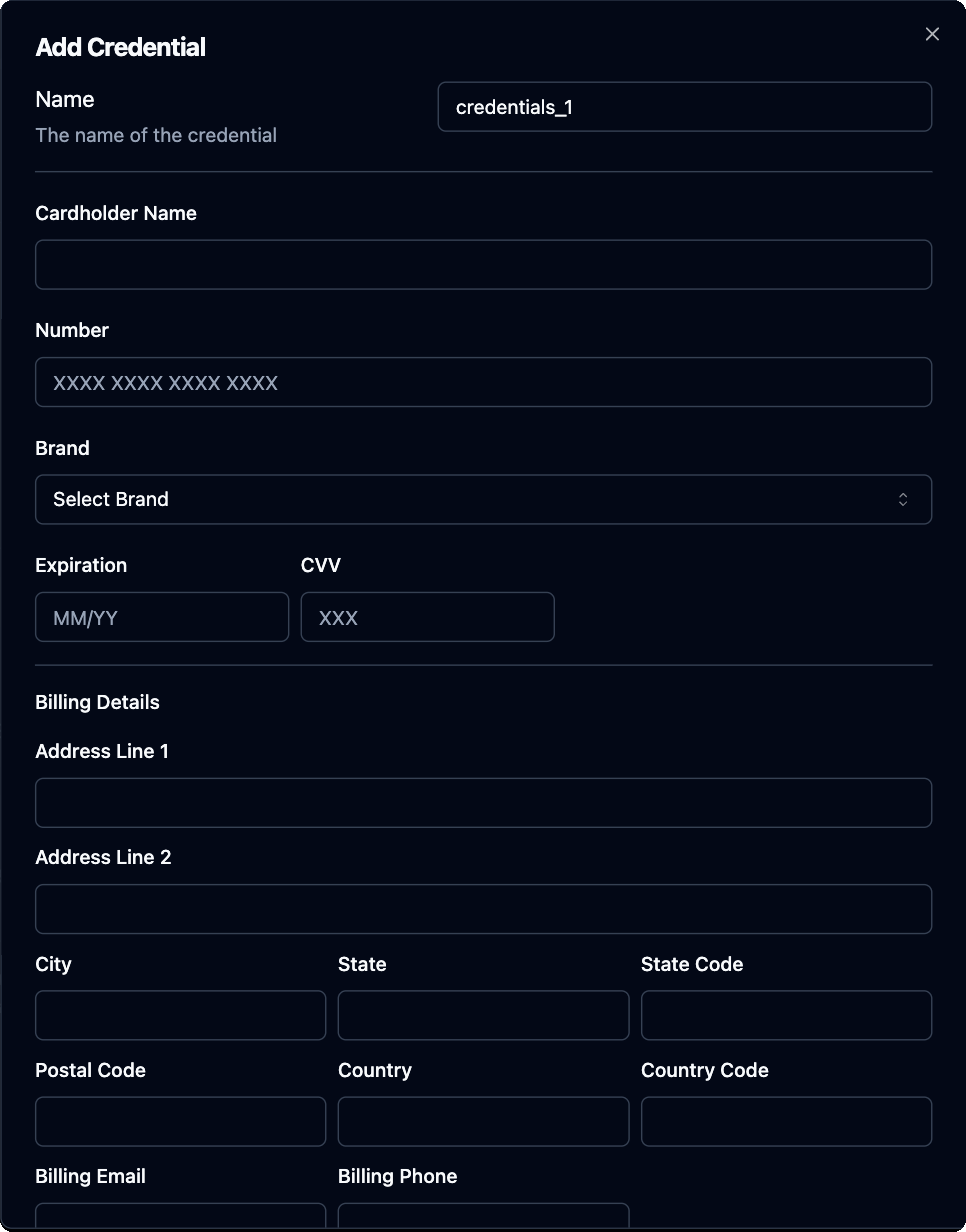 Add Credential dialog for a credit card, with card fields and Billing Details