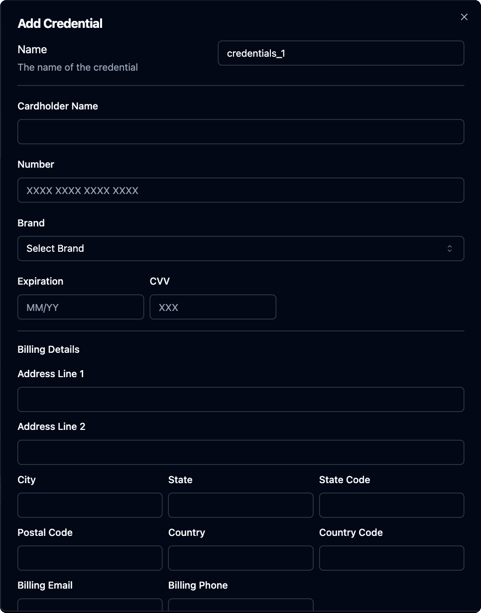 Add Credential dialog for a credit card, with card fields and Billing Details