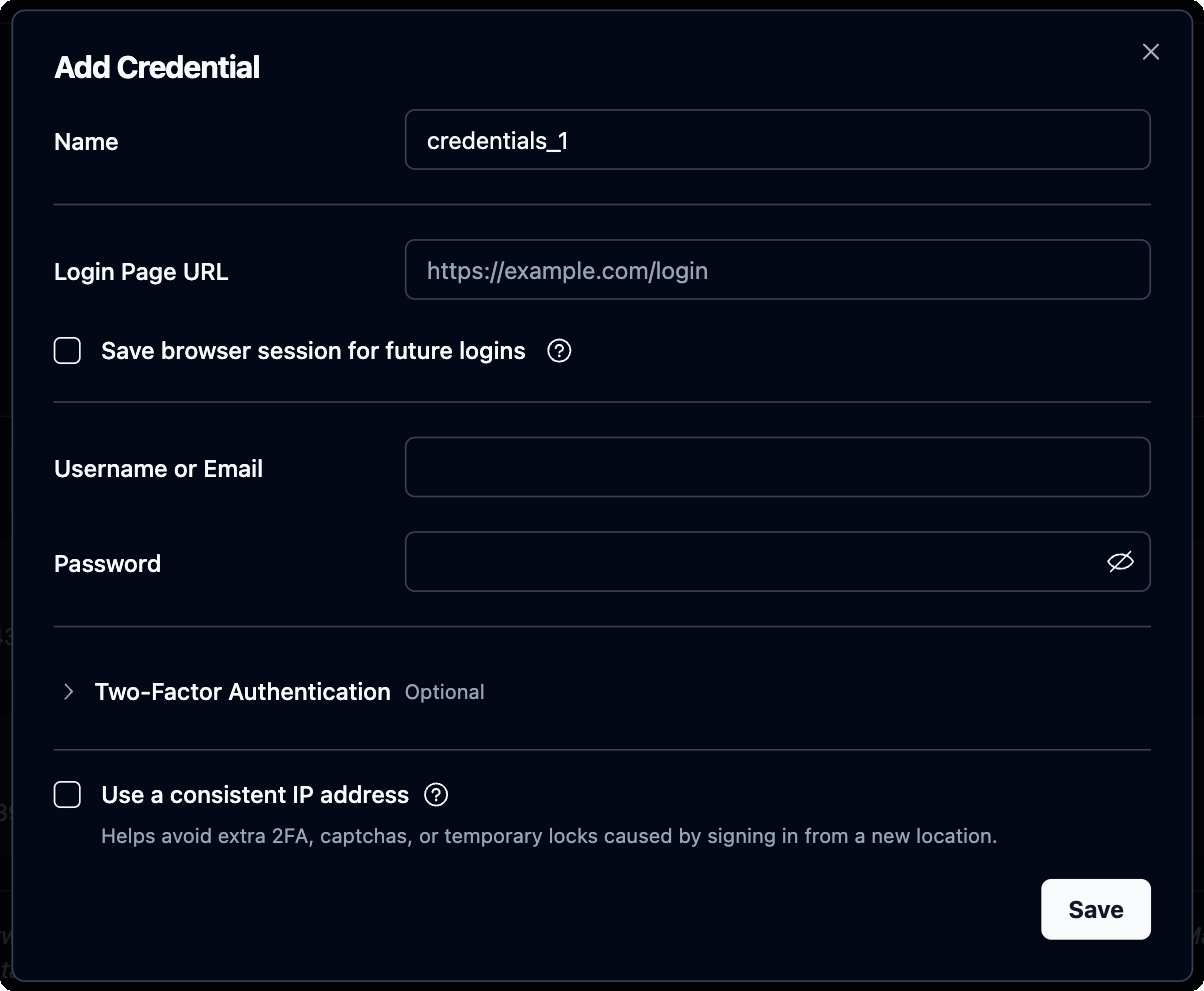 Add Credential dialog for a password
