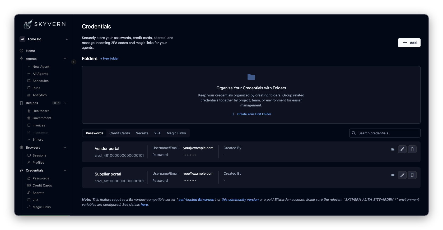 Credentials page with Folders and the Passwords, Credit Cards, Secrets, 2FA and Magic Links tabs