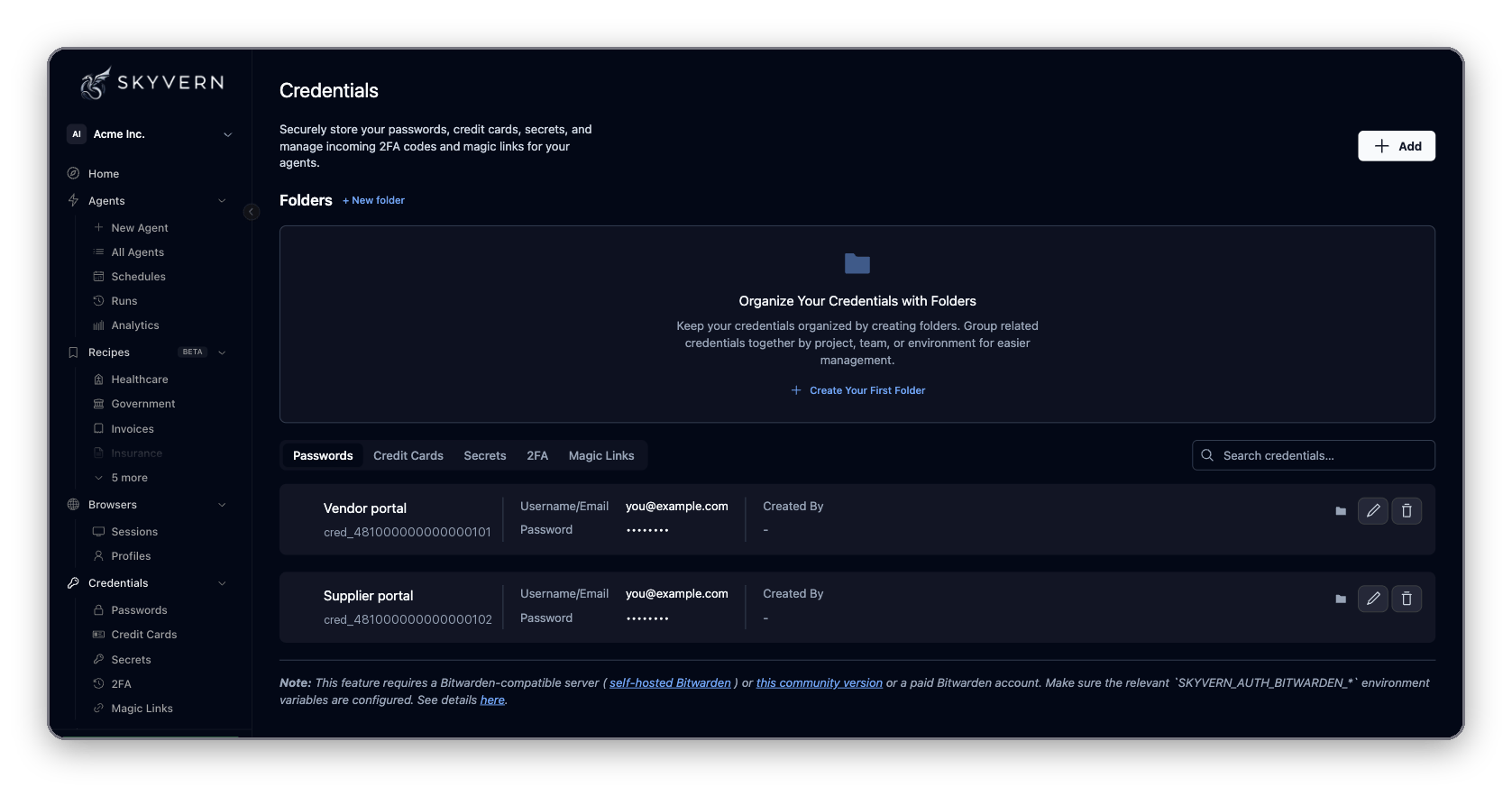 Credentials page with Folders and the Passwords, Credit Cards, Secrets, 2FA and Magic Links tabs