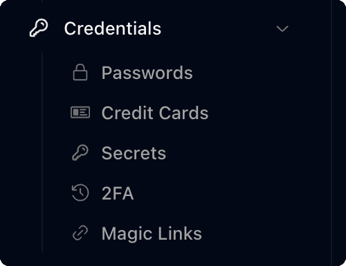 Credentials in the sidebar with Passwords, Credit Cards, Secrets, 2FA and Magic Links