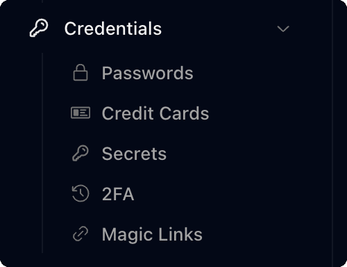 Credentials in the sidebar with Passwords, Credit Cards, Secrets, 2FA and Magic Links