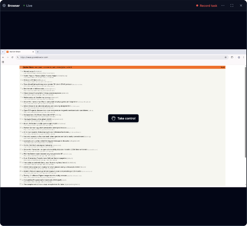 Live browser view with the Take control button over the stream