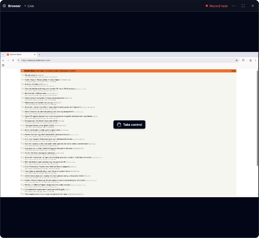 Live browser view with the Take control button over the stream