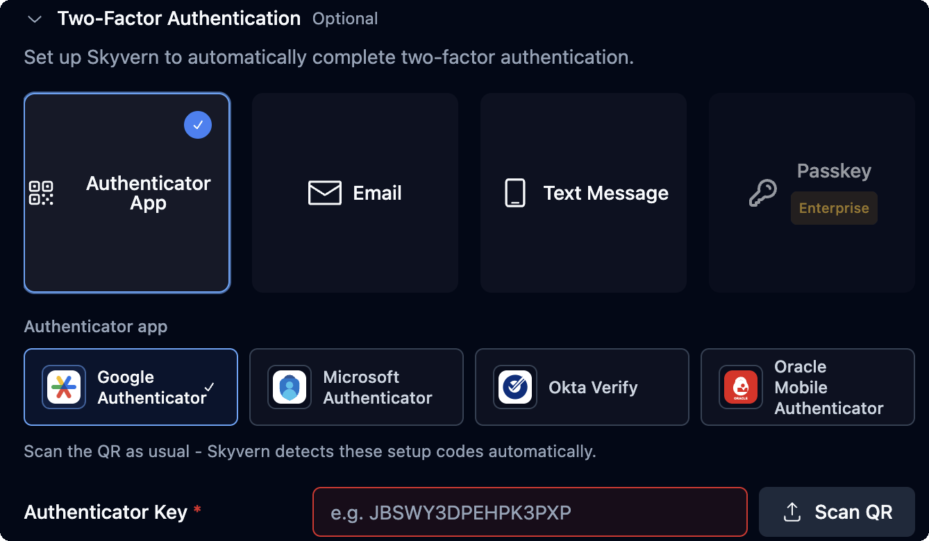 Authenticator App selected with Google Authenticator, the Authenticator Key field and the Scan QR button