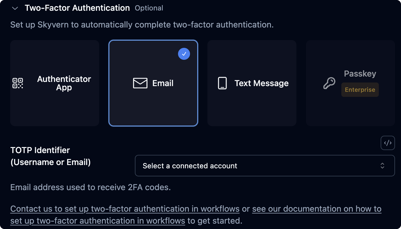 Email selected with the TOTP Identifier field showing Select a connected account