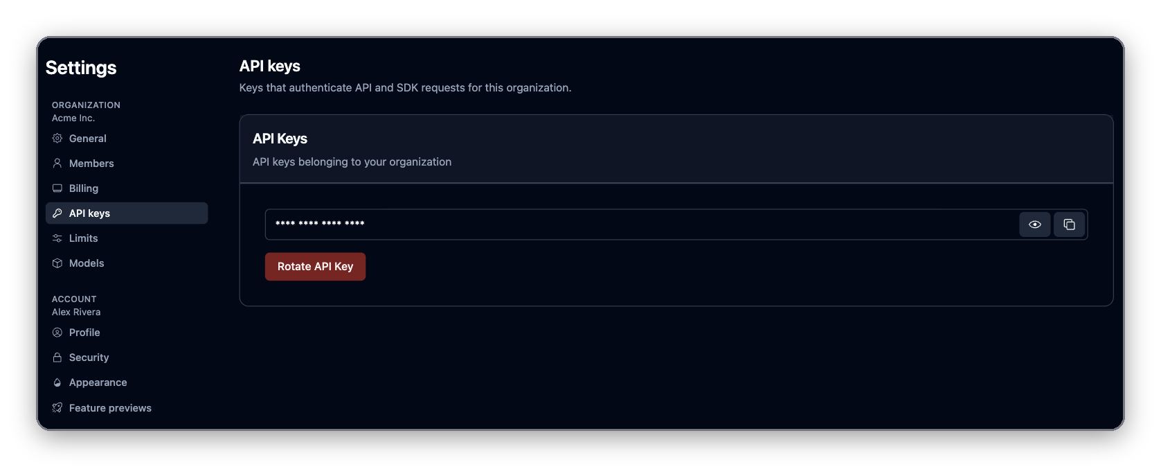 Settings page with API keys selected, showing a masked key with reveal and copy buttons and a Rotate API Key button
