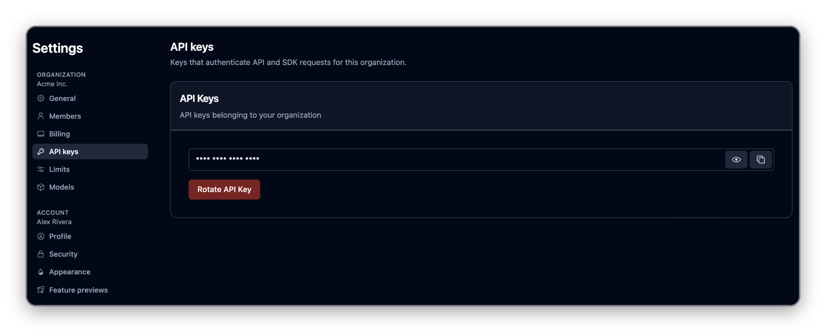 Settings page with API keys selected, showing a masked key with reveal and copy buttons and a Rotate API Key button