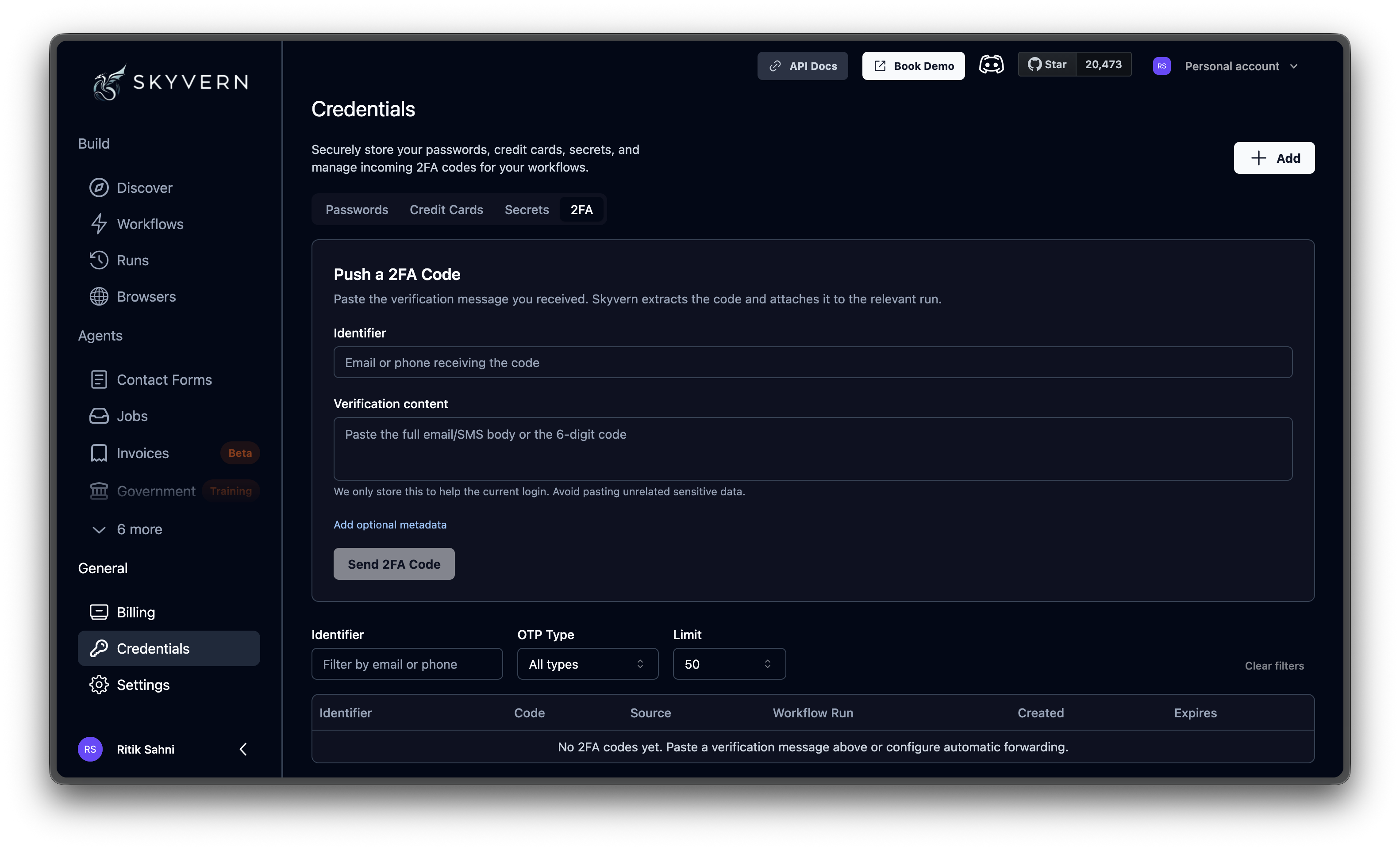 2FA tab showing the Push a 2FA Code form and code history table