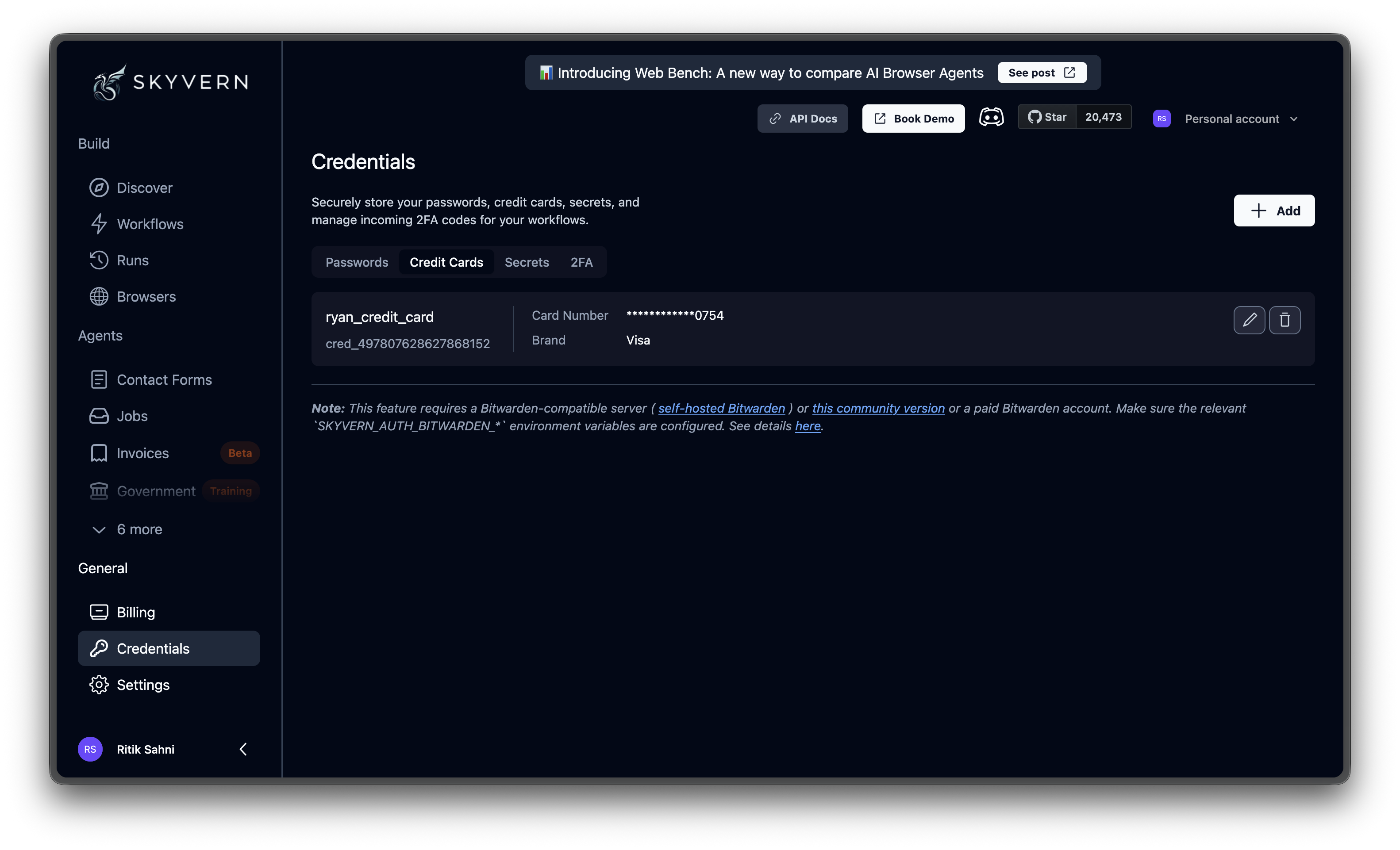 Saved credit card credential showing masked card number