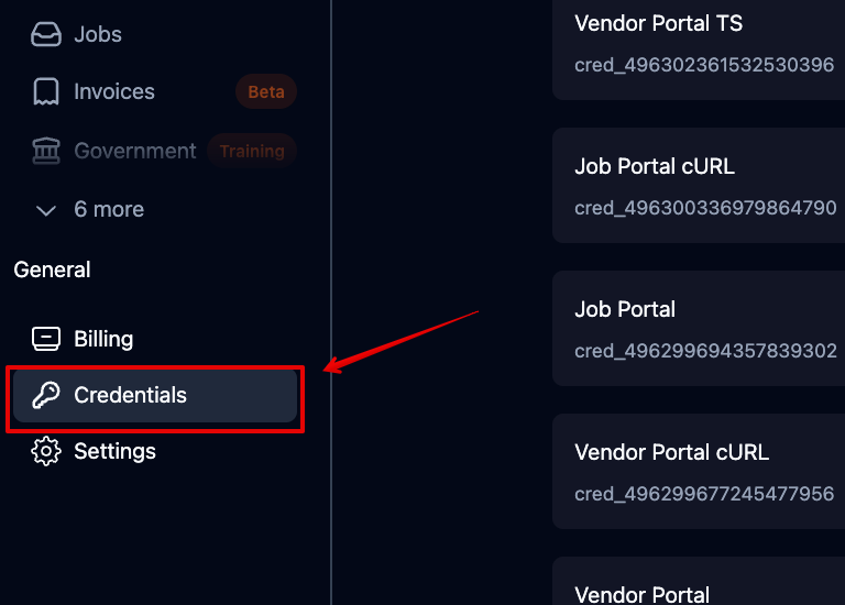 Credentials option in the left sidebar under General