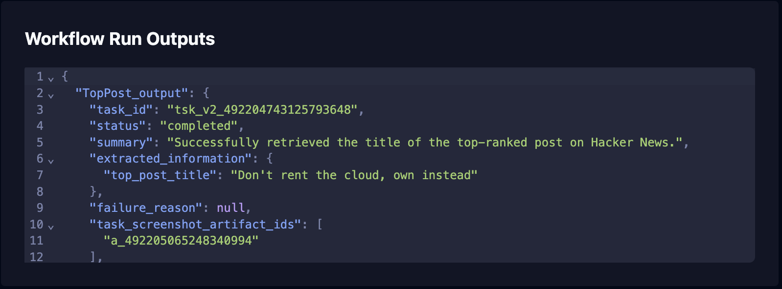 Workflow Run Outputs showing extracted JSON data