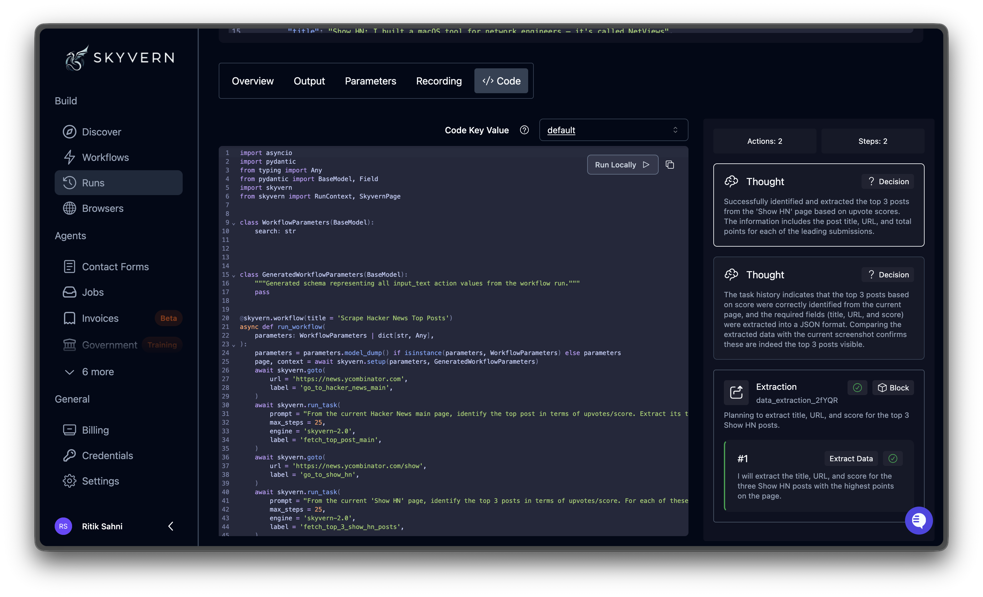 Code tab showing generated Python code with syntax highlighting