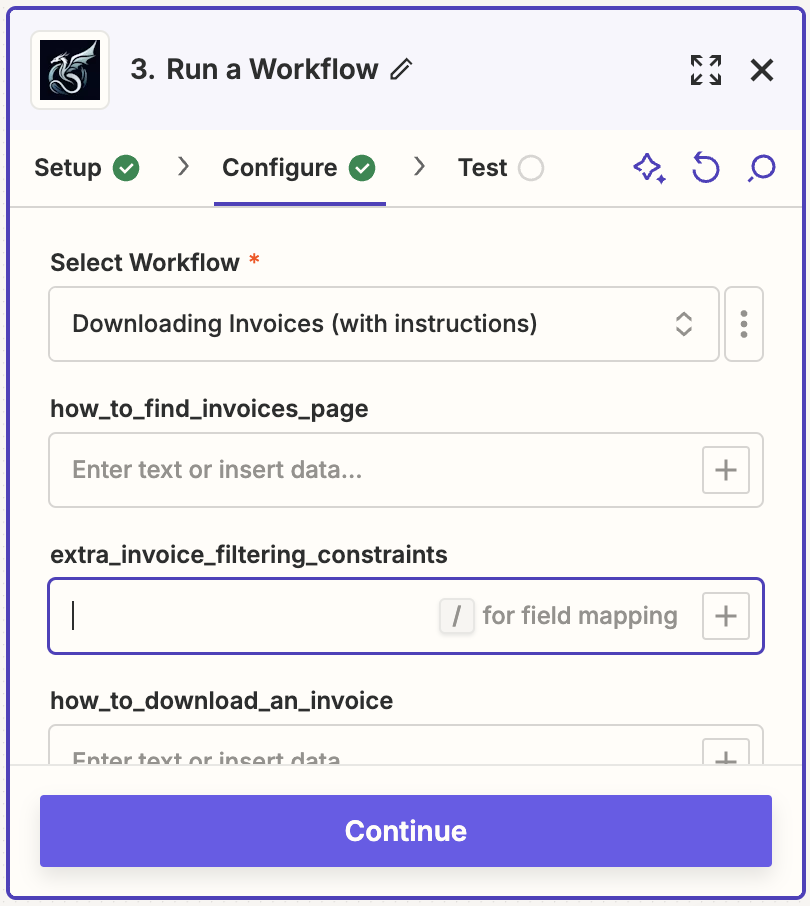 Configure workflow parameters in Zapier