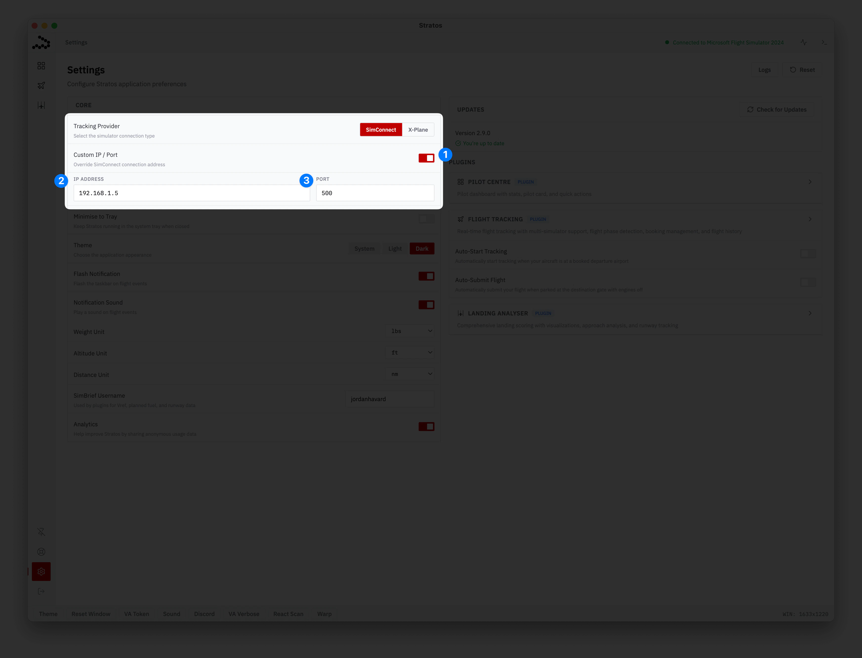 Stratos Settings page with Custom IP / Port enabled, showing the toggle, IP address field, and port field